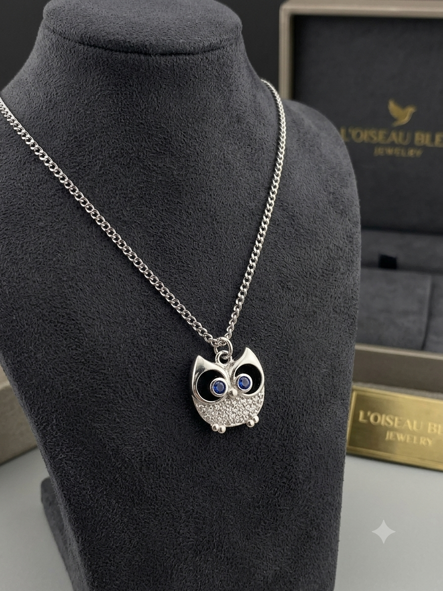 Silver Owl Pendant Necklace with Blue Crystal Eyes