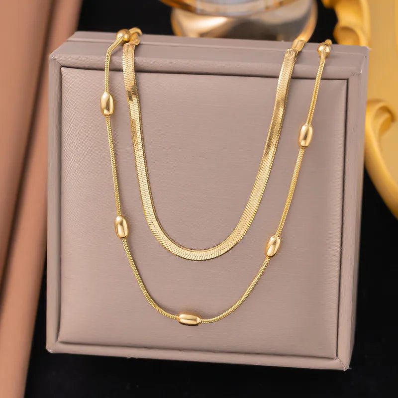 Gold Double Layer Herringbone Bead Station Necklace