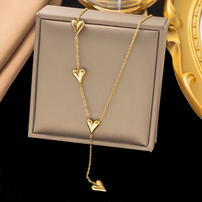 Gold Four Heart Lariat Necklace