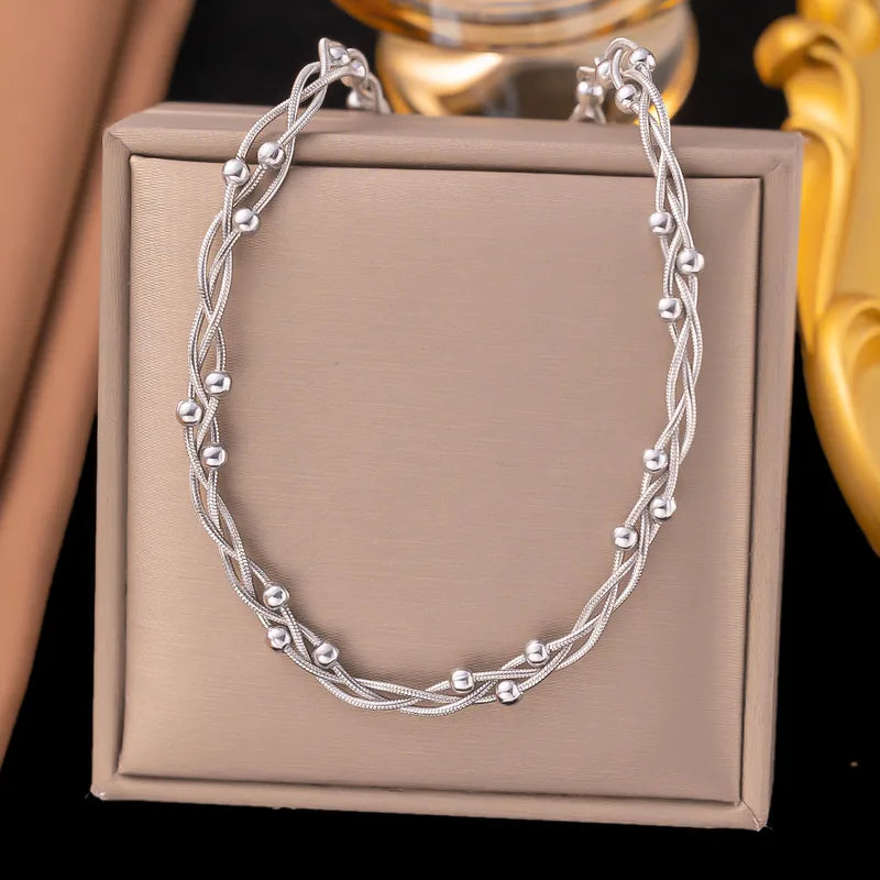 Silver Braided Beaded Multi-Strand Necklace