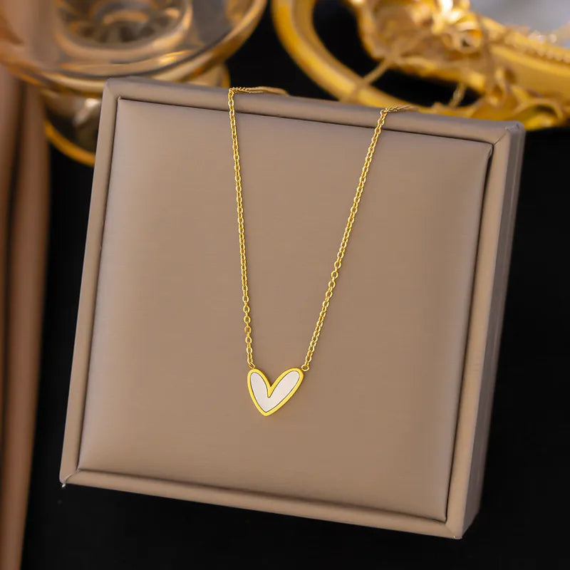 Gold White Enamel Heart Pendant Necklace