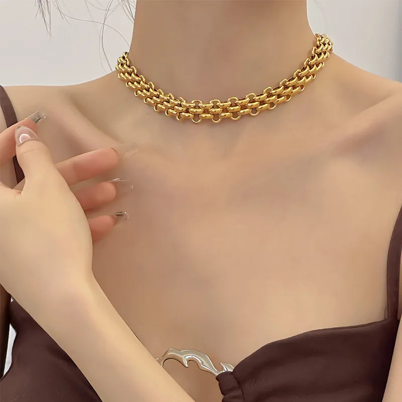 Gold Wide Mesh Chain Choker Necklace