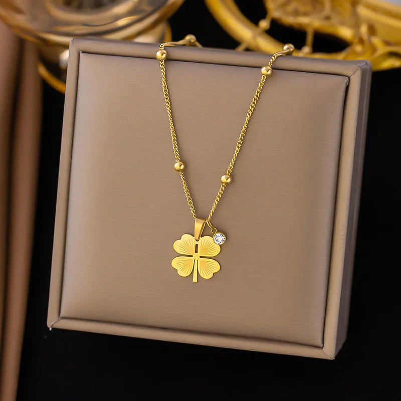 Gold Four-Leaf Clover Crystal Pendant Necklace